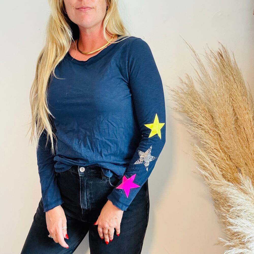 LISA TODD Navy Blue Pink Yellow Silver Star Sleeve $165 Slub Knit Top Shirt M